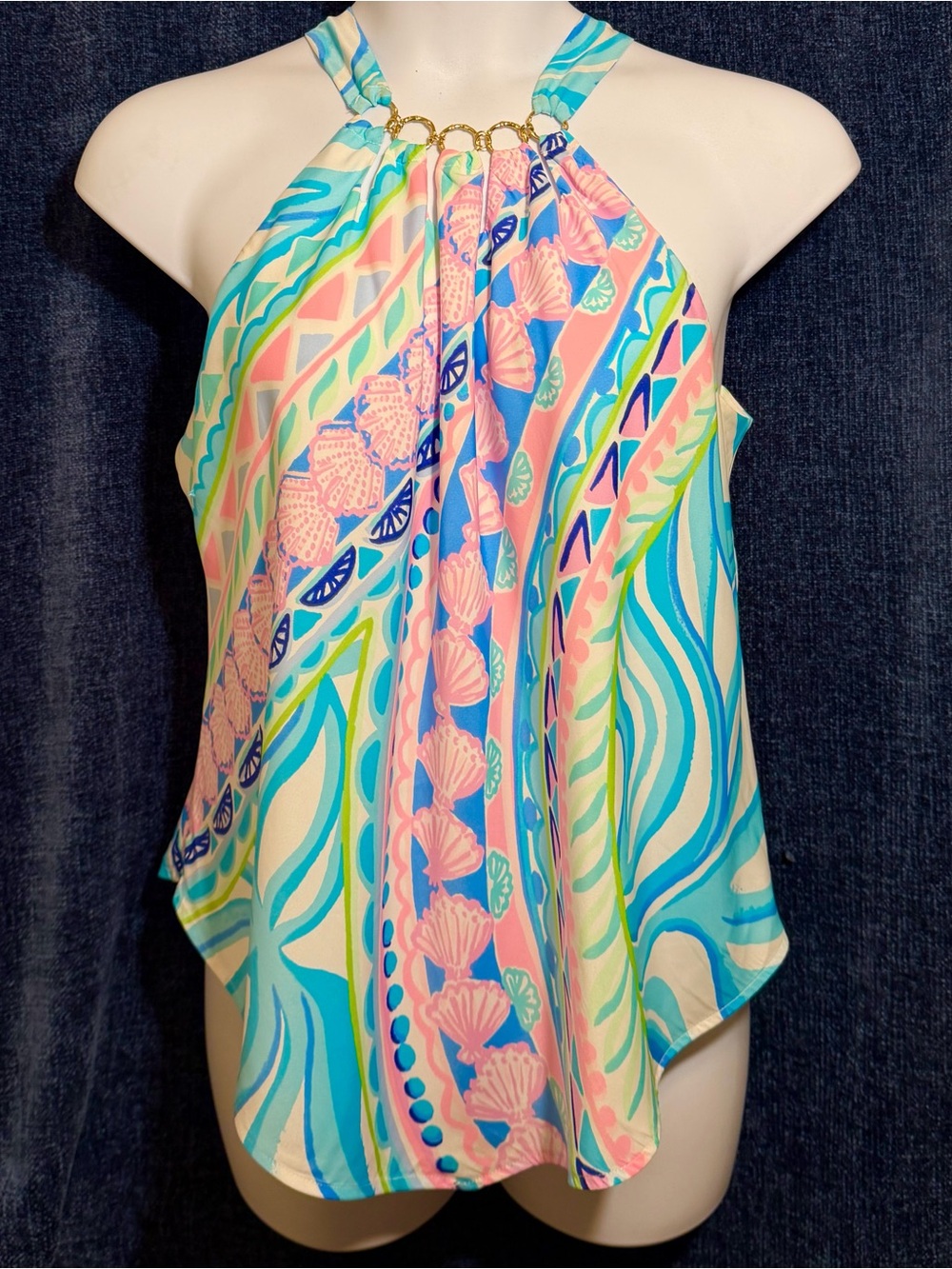 Lilly Pulitzer Julien Halter Top L pink blue gold chain - Picture 3 of 7